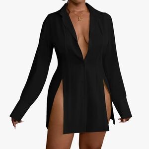 Elegant Black  high Slit Collar Shirt Dress